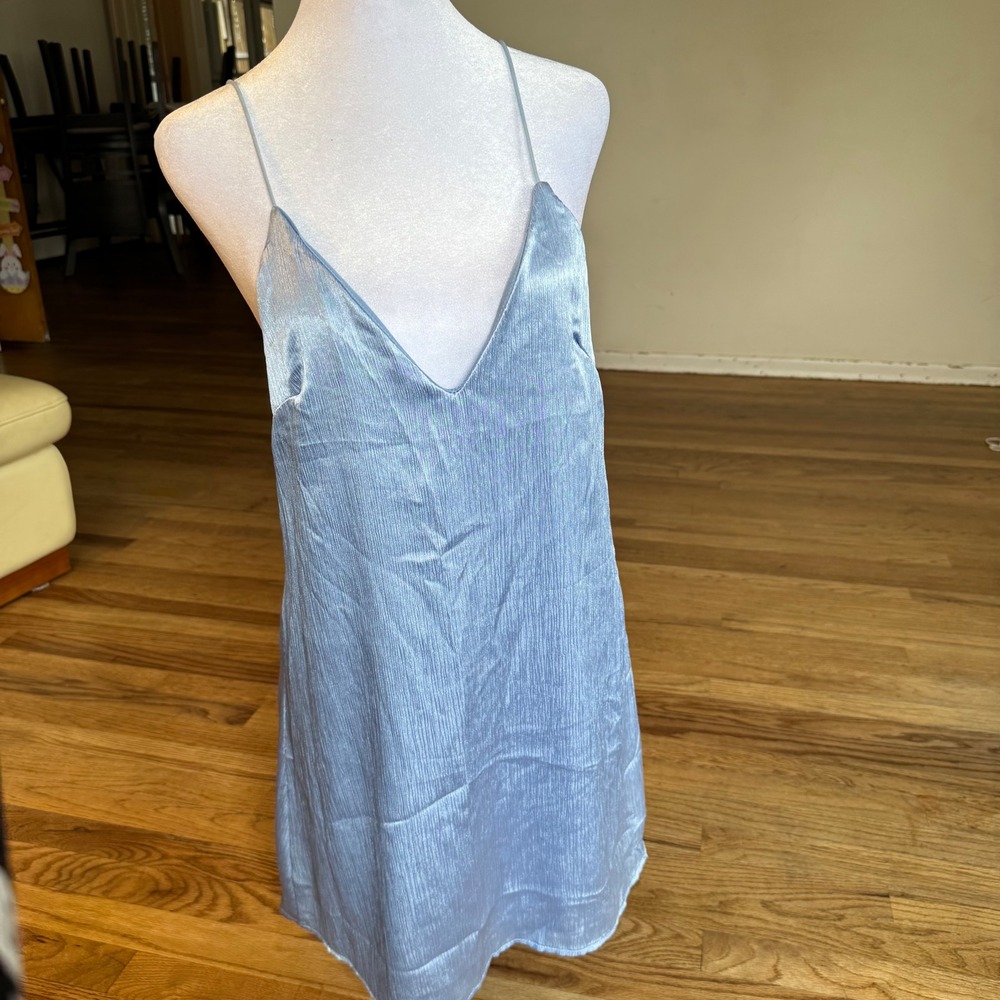 Urban Outfitters Blue Satin Crinkle Mini Slip Dress Strappy Back Size Medium‎ - Picture 6 of 7